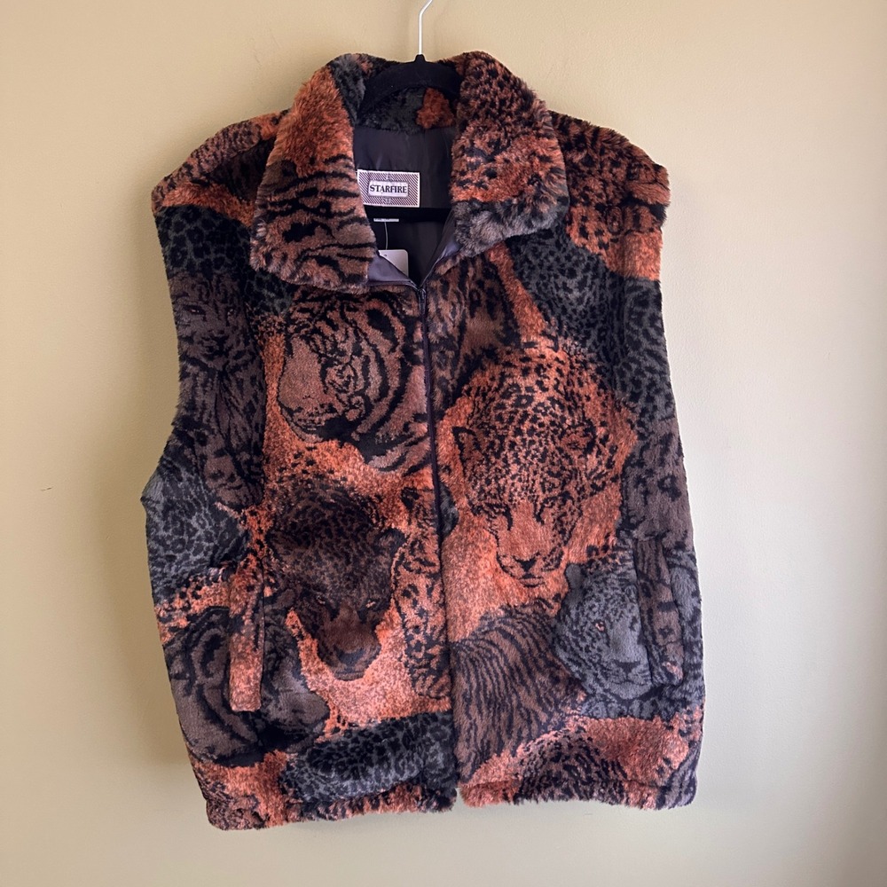 STARFIRE Vintage Animal Print Faux Fur Vest Women XL Zip Front Leopard Deadstock
